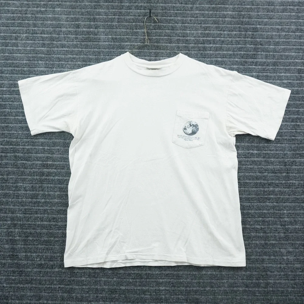 Banana Republic Graphic T-Shirt Mens M White Globe Pocket Single Stitch USA